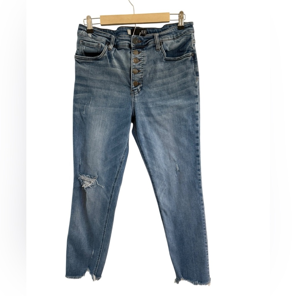 Kut from the Kloth Distressed Button-Fly Cropped Blue Jeans SZ.12